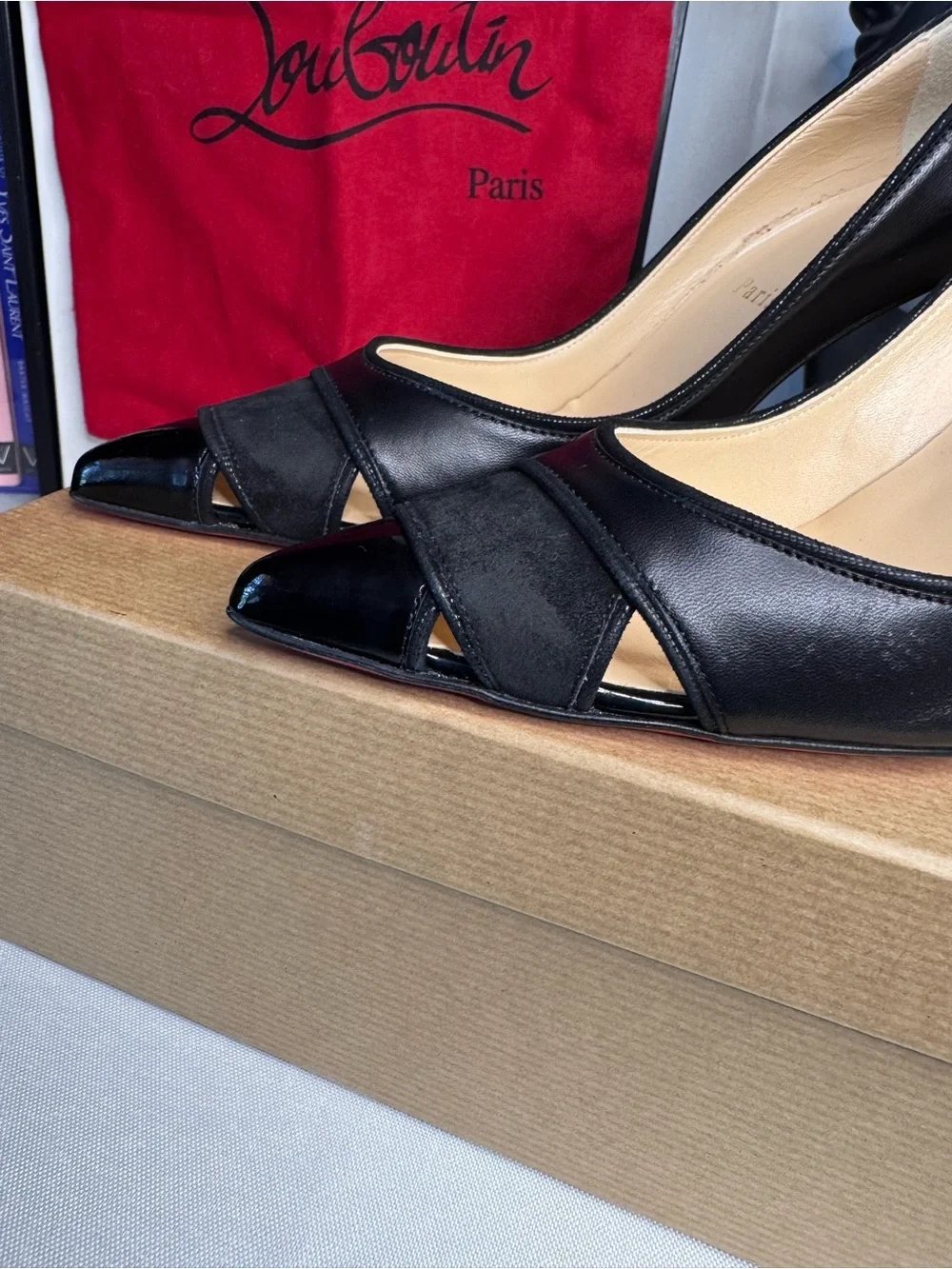Christian Louboutin Biblio Black Cut Out Pointed Toe Leather & Suede Pumps